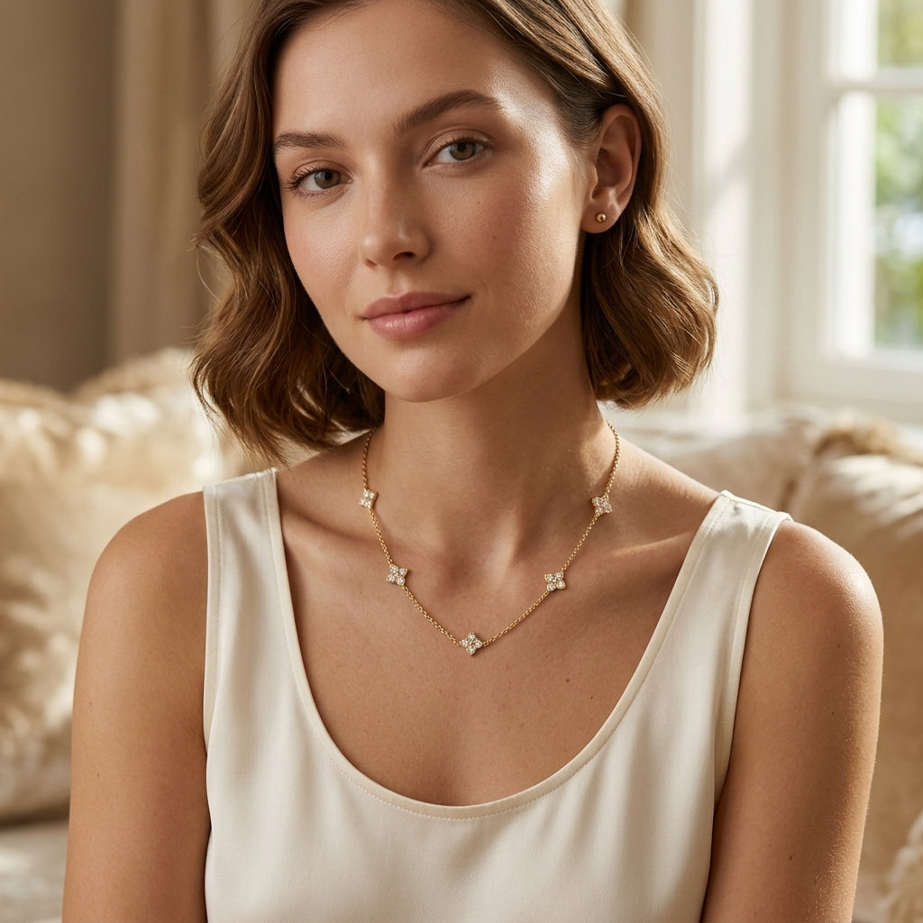 925 Sterling Silver Four Leaf Clover Necklace with Cubic Zirconia - Gold