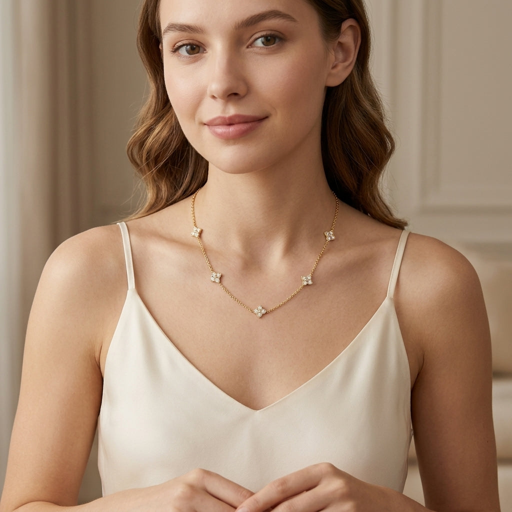 925 Sterling Silver Four Leaf Clover Necklace with Cubic Zirconia - Gold