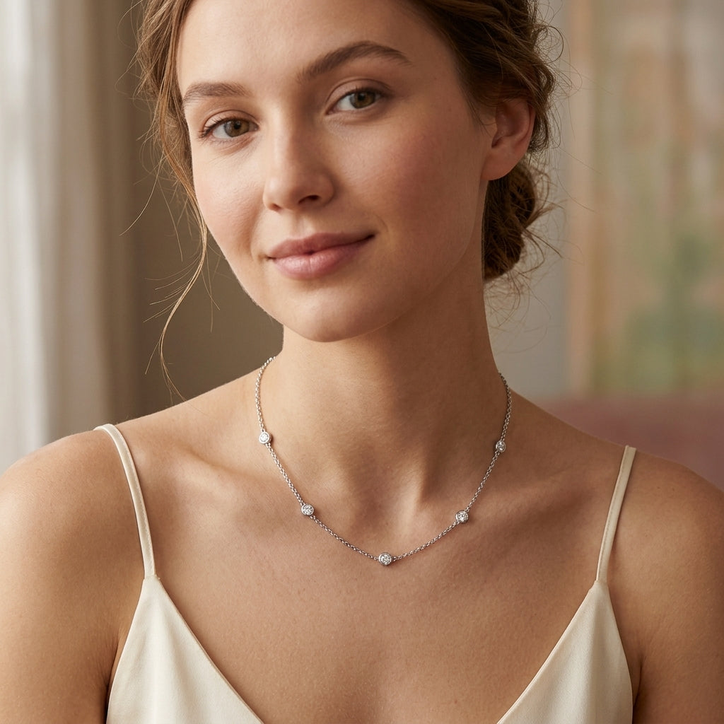 925 Sterling Silver Round Zirconia Necklace - Silver