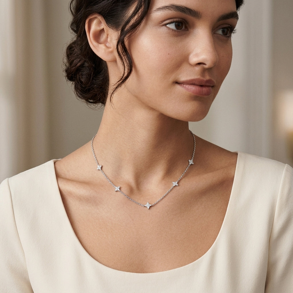 925 Sterling Silver Four Leaf Clover Necklace with Cubic Zirconia - Silver