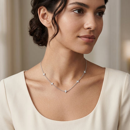 925 Sterling Silver Four Leaf Clover Necklace with Cubic Zirconia - Silver