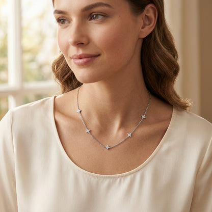 925 Sterling Silver Four Leaf Clover Necklace with Cubic Zirconia - Silver