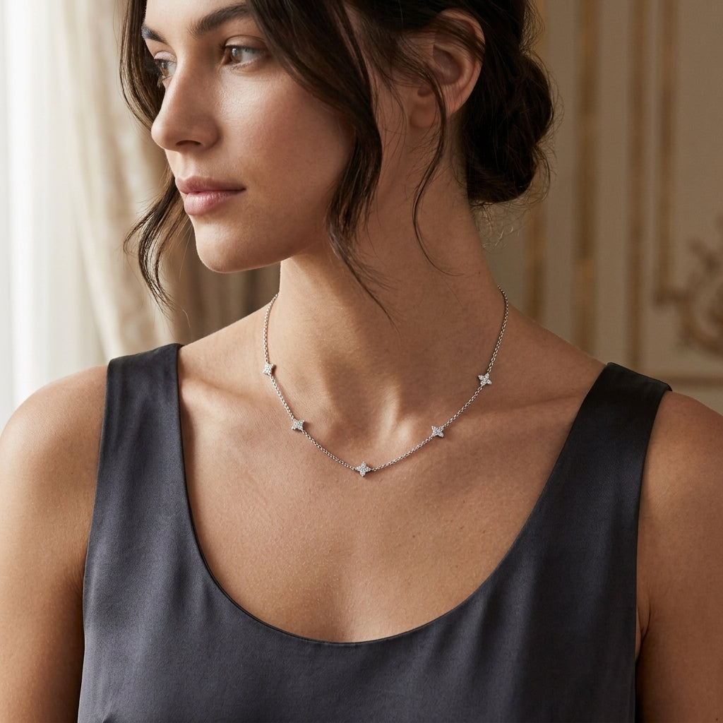 925 Sterling Silver Four Leaf Clover Necklace with Cubic Zirconia - Silver