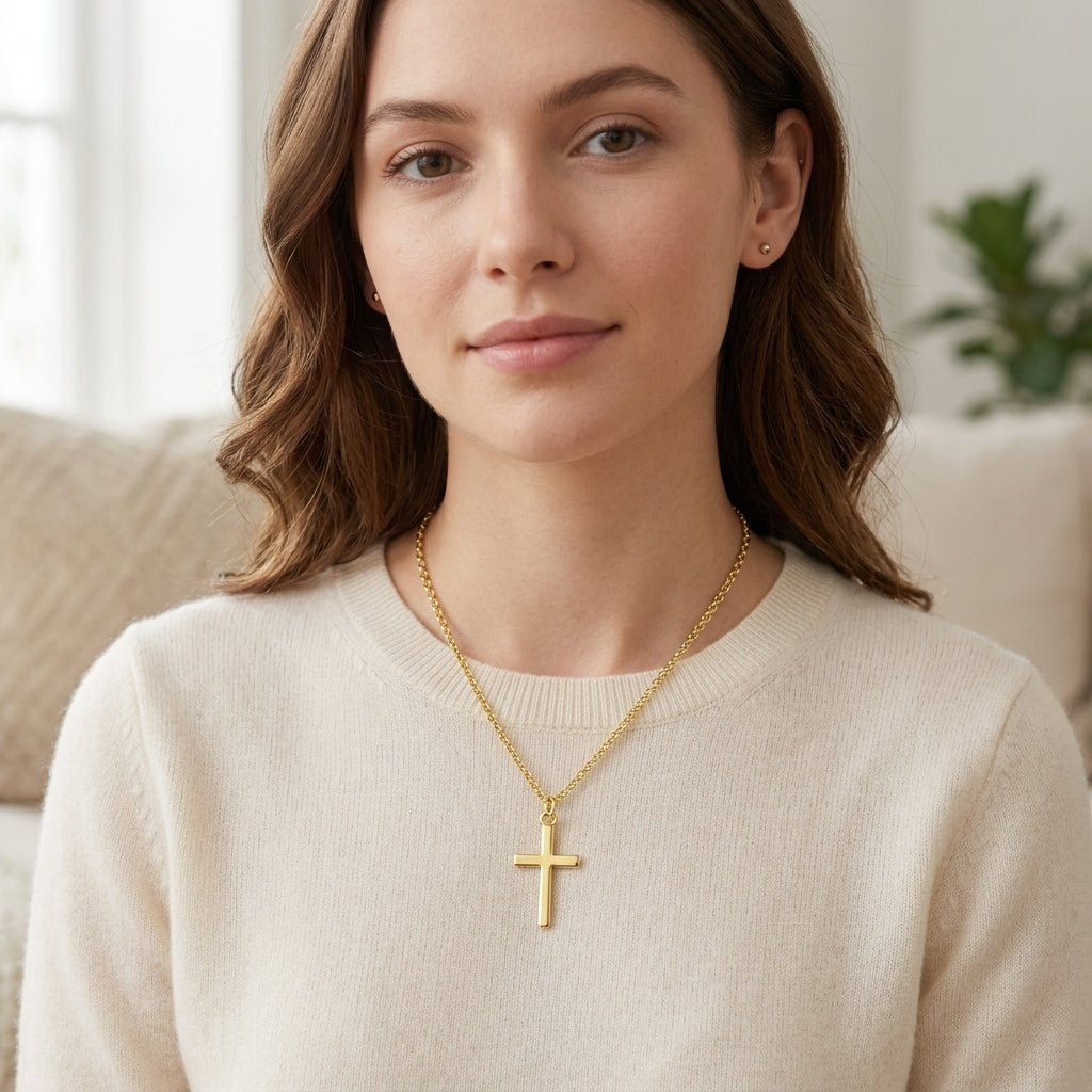 14K Gold Plated Sterling Silver Curb Chain Cross Necklace