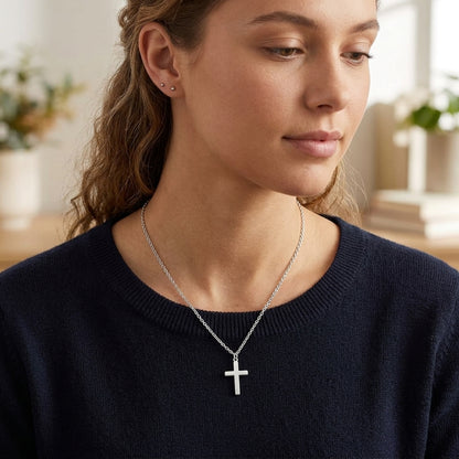 925 Sterling Silver White Gold Plated Curb Chain Cross Necklace - Silver