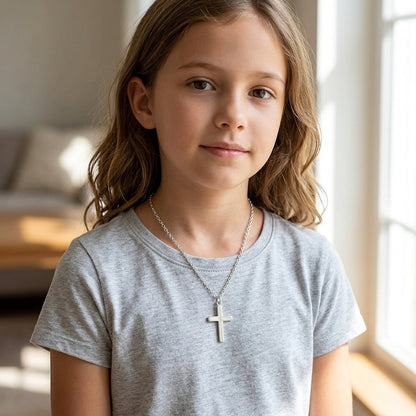 925 Sterling Silver White Gold Plated Curb Chain Cross Necklace - Silver