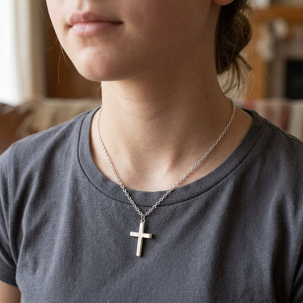 925 Sterling Silver White Gold Plated Curb Chain Cross Necklace - Silver
