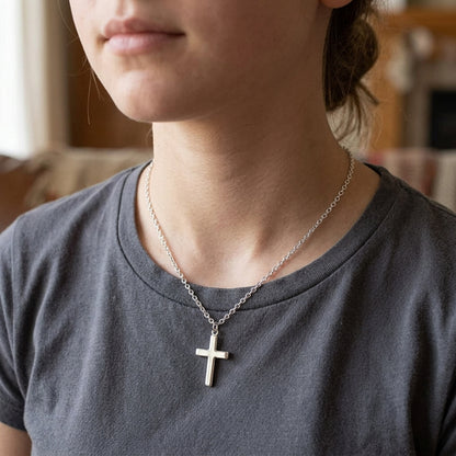 925 Sterling Silver White Gold Plated Curb Chain Cross Necklace - Silver