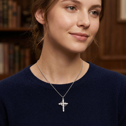 14K Gold Plated Crown Cross Necklace with Cubic Zirconia - Silver