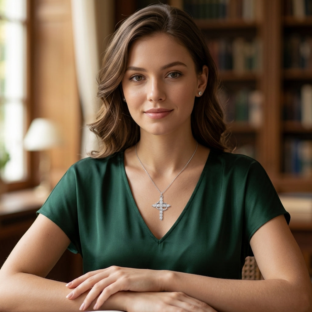 14K Gold Plated Crown Cross Necklace with Cubic Zirconia - Silver