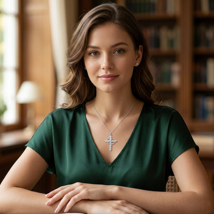 14K Gold Plated Crown Cross Necklace with Cubic Zirconia - Silver