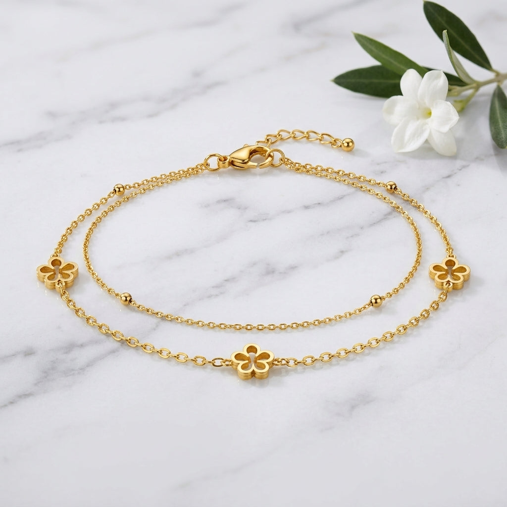 14K Gold Plated Double Layer Flower Bracelet - Gold
