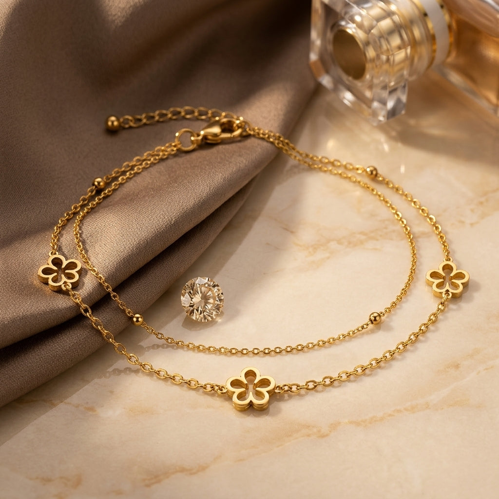 14K Gold Plated Double Layer Flower Bracelet - Gold