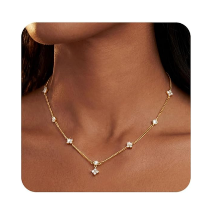 14K Gold Plated Four Leaf Clover and Heart Necklace with 5A Cubic Zirconia - Gold