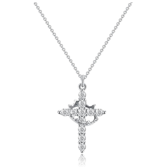 14K Gold Plated Crown Cross Necklace with Cubic Zirconia - Silver
