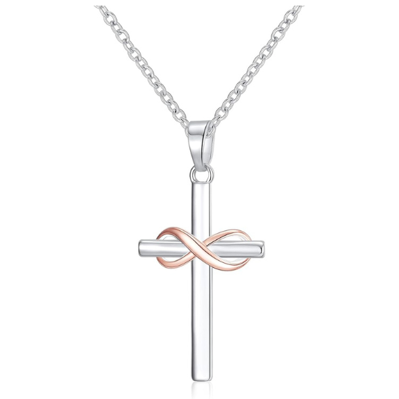 925 Sterling Silver Infinity Cross Necklace with Cubic Zirconia - Rose Gold