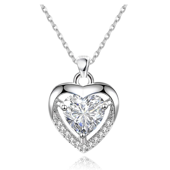 925 Sterling Silver Heart Necklace with White Crystal Cubic Zirconia
