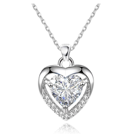 925 Sterling Silver Heart Necklace with White Crystal Cubic Zirconia