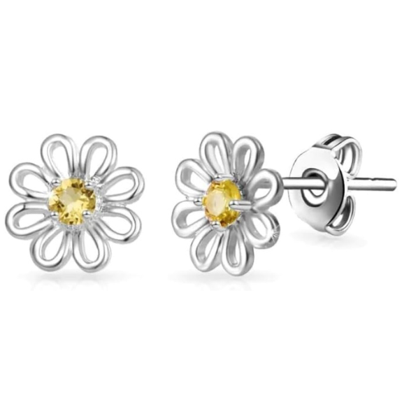 Yellow Crystal Daisy Stud Earrings in Silver