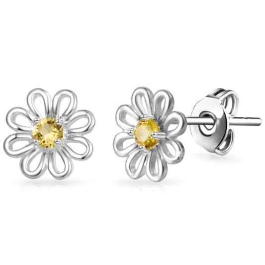 Yellow Crystal Daisy Stud Earrings in Silver