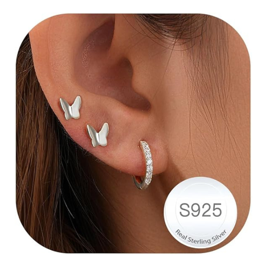 925 Sterling Silver Butterfly Stud and Hoop Earring Set - 3 Pairs Silver