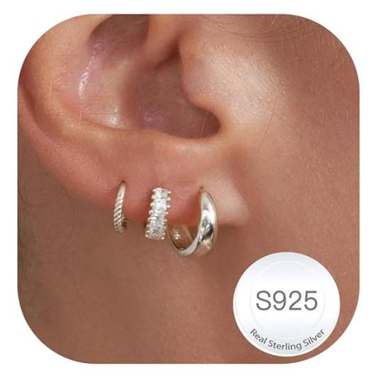 925 Sterling Silver Chunky Stud and Hoop Earring Set - 3 Pairs Silver