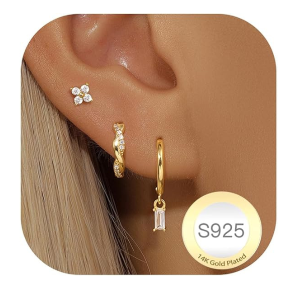 925 Sterling Silver Square CZ Stud and Hoop Earring Set - 3 Pairs Gold