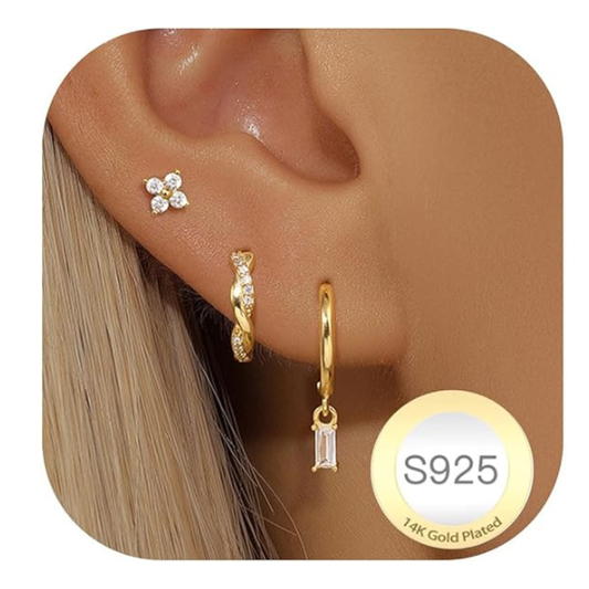 925 Sterling Silver Square CZ Stud and Hoop Earring Set - 3 Pairs Gold