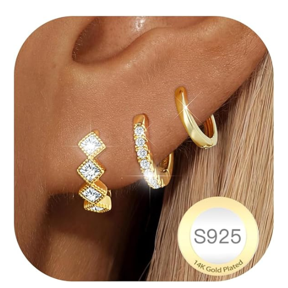 14K Gold Plated Square CZ Huggie Hoop Earrings Set of 3 Pairs - Gold