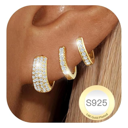 14K Gold Plated Chunky CZ Huggie Hoop Earrings Set of 3 Pairs - Gold