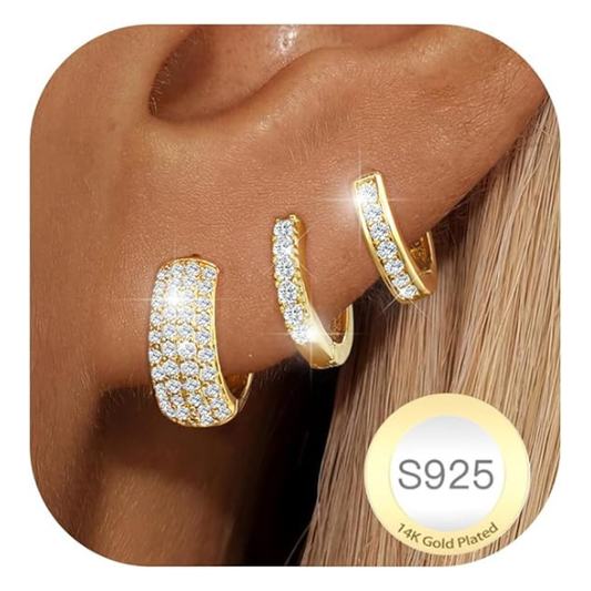 14K Gold Plated Chunky CZ Huggie Hoop Earrings Set of 3 Pairs - Gold