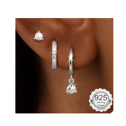 925 Sterling Silver Round CZ Stud and Hoop Earring Set of 3 Pairs - Silver