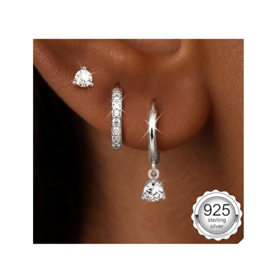 925 Sterling Silver Round CZ Stud and Hoop Earring Set of 3 Pairs - Silver