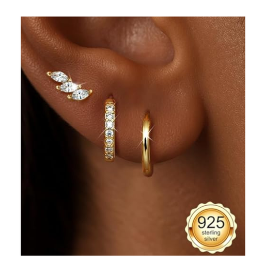 925 Sterling Silver Maple Leaf CZ Stud and Hoop Earring Set of 3 Pairs - Gold