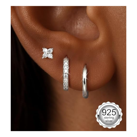 925 Sterling Silver Leaf CZ Stud and Hoop Earring Set of 3 Pairs - Silver
