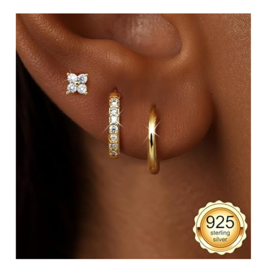 925 Sterling Silver Leaf CZ Stud and Hoop Earring Set of 3 Pairs - Gold