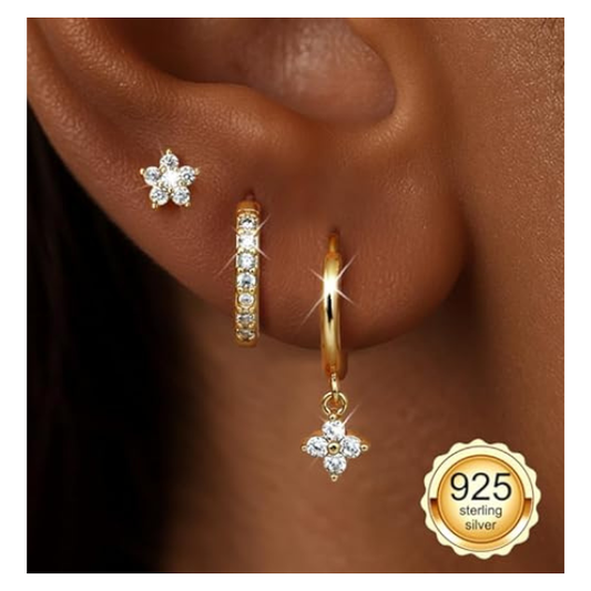 925 Sterling Silver Flower CZ Stud and Hoop Earring Set of 3 Pairs - Gold