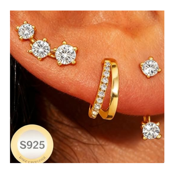 925 Sterling Silver Stud and Hoop Earring Set with Cubic Zirconia - 3 Pairs Gold