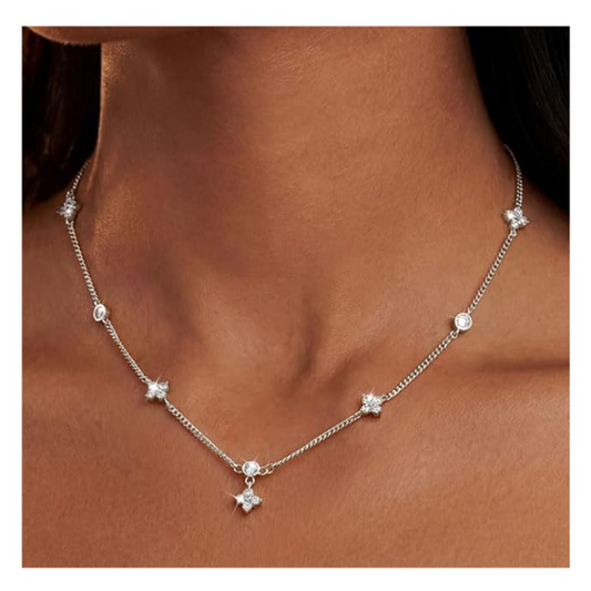 Silver Plated Four Leaf Clover and Heart Necklace with 5A Cubic Zirconia - Silver