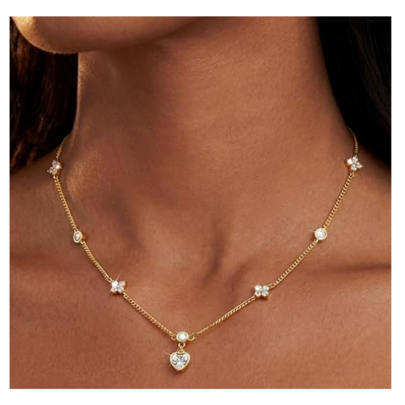 14K Gold Plated Heart and Four Leaf Clover Necklace with 5A Cubic Zirconia - Gold