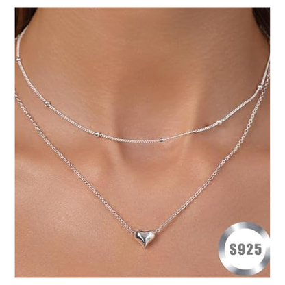 925 Sterling Silver Double Layer Heart Pendant Necklace - Silver