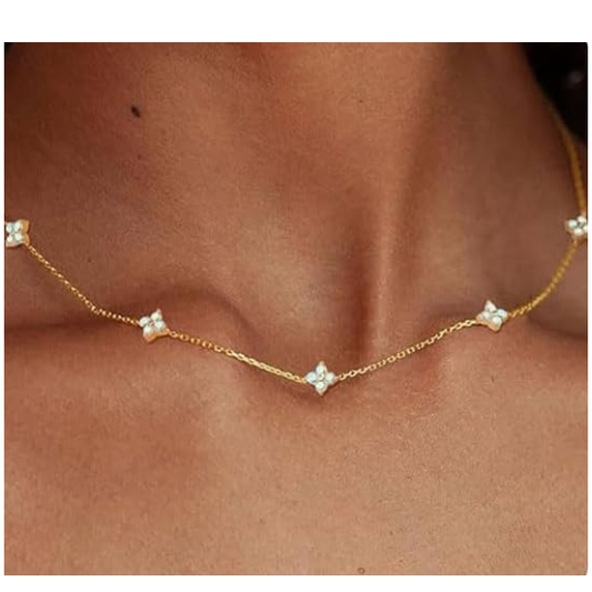925 Sterling Silver Four Leaf Clover Necklace with Cubic Zirconia - Gold