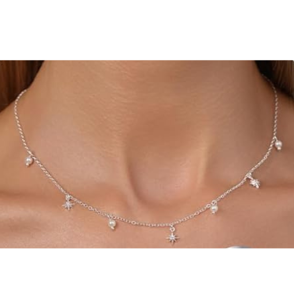 925 Sterling Silver Hexagram and Pearl Strand Necklace - Silver