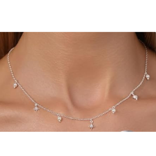 925 Sterling Silver Hexagram and Pearl Strand Necklace - Silver