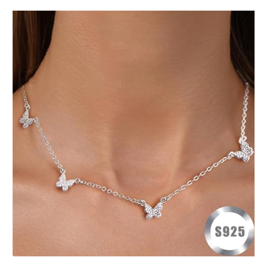925 Sterling Silver Butterfly Necklace with Cubic Zirconia - Silver