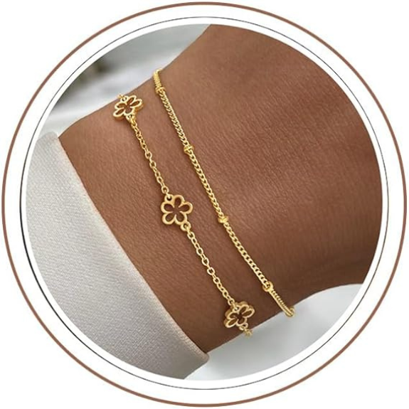 14K Gold Plated Double Layer Flower Bracelet - Gold