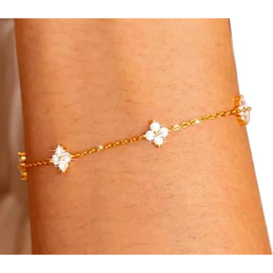 925 Sterling Silver Clover Charm Bracelet with Cubic Zirconia - Gold
