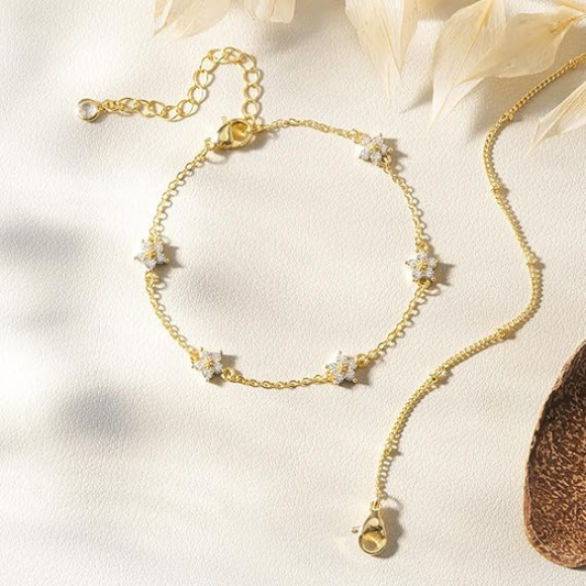 14K Gold Plated Double Layer CZ Flower Bracelet - Gold