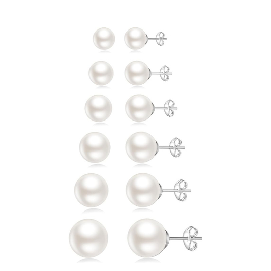 925 Sterling Silver Pearl Stud Earrings Set of 6 Pairs