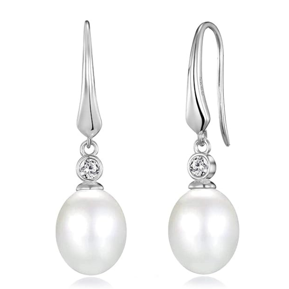 Sterling Silver White Shell Pearl Drop Earrings with Zircondia Crystals